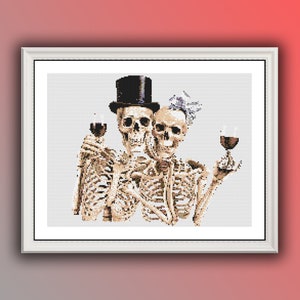 Skeleton Bride & Groom Wedding Cross Stitch Pattern - Instant PDF Download for Gothic Valentine&#39;s Day