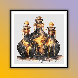 May include: Three dark glass bottles with gold accents and stoppers. The bottles are filled with a dark liquid and have a dripping effect. The bottles are arranged in a row on a white background.