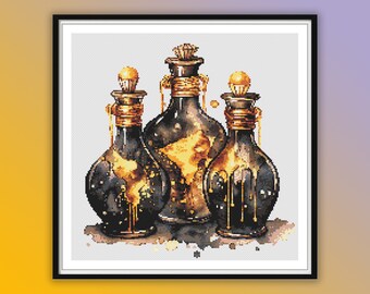 Retro Dark Gold Watercolor Witch Potion Bottles Cross Stitch Pattern - PDF Halloween Embroidery Chart