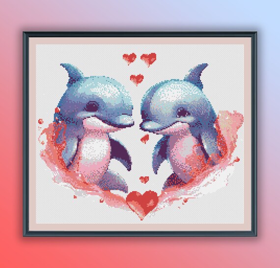 Valentine's Day Watercolor Dolphin Couple Cross Stitch Pattern
