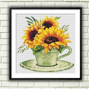 Aquarel zonnebloem kruissteekpatroon, boeket kruissteek, bloemstuk kruissteekpatroon, pdf bloemenpatroon, madeliefjebloemen