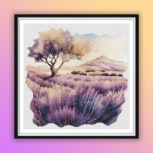Watercolor Lavender Fields and Mountains Counted Cross Stitch PDF Pattern, Spring Nature Landscape, Green Highland Village Life