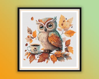 Autumn Forest Owl Watercolor Cross Stitch Pattern - Instant PDF Download for Hand Embroidery