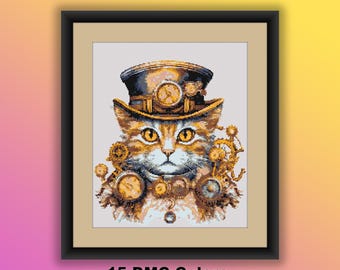 Patrón de punto de cruz de gato steampunk victoriano: diseño en acuarela en PDF para bordado contado