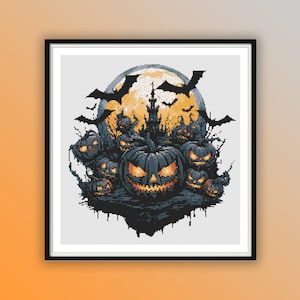 May include: A Halloween-themed cross-stitch pattern featuring a spooky haunted house with a full moon and a group of jack-o'-lanterns with glowing eyes.