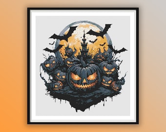 Spooky Watercolor Halloween Landscape Cross Stitch Pattern: Pumpkin, Witch, Haunted House Embroidery PDF