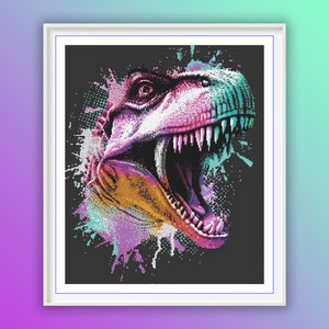 Aquarell T-Rex PDF Stickmuster, Jurassic Park, moderne Kreuzstichvorlage, Handstickerei