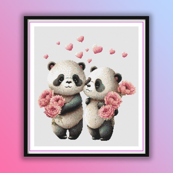 Couple de panda de la Saint-Valentin compté modèle PDF de point de croix, doux panda, animaux mignons, mariage panda, point de croix moderne, broderie