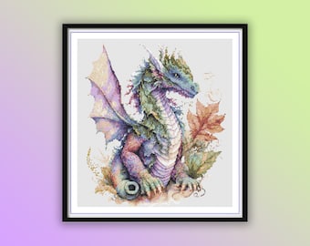 May include: A blue and green dragon with purple wings sits on a rock surrounded by leaves. The dragon has a long tail and a small head with a pointed snout.