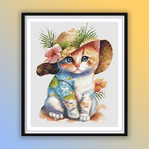 Tropical Watercolor Kitten Cross Stitch Pattern: Hawaiian Feline PDF Download for Counted Needlework