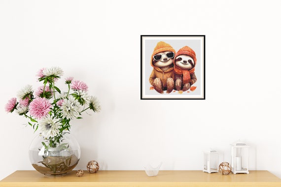 秋の水彩画ナマケモノカップルのクロスステッチパターン：ロマンチック