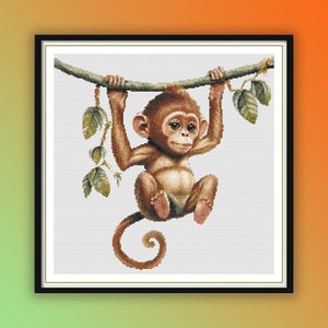 Watercolor Cute Swinging  Monkey Counted Cross Stitch PDF Pattern, Cute Jungle Animals, Modern Cross Stitch, Hand Embroidery