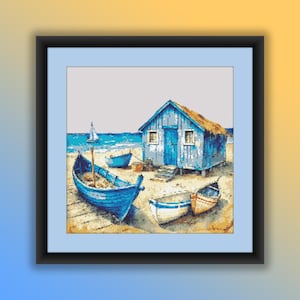 May include: A painting of a blue wooden beach house with a thatched roof, surrounded by three blue wooden boats on a sandy beach. The ocean is in the background.