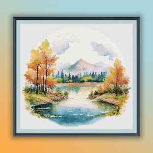 Aquarell Herbst Wald See Kreuzstich PDF Muster, Berge Landschaft, Handstickerei, moderne Kreuzstichvorlage