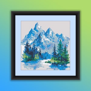 Aquarell Wald Berge Landschaft Kreuzstich PDF Muster, Winter Kiefernwald, verschneite Berge, moderne Kreuzstichvorlage