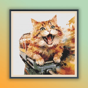 Whimsical Watercolor Cat on Roller Coaster Embroidery Pattern: Instant PDF Download for Cross Stitch