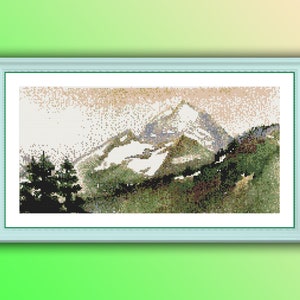 Aquarel bos bergen landschap pdf getelde kruissteekpatroon, winter digitale kruissteekkaart, winter bos pdf, vier seizoenen