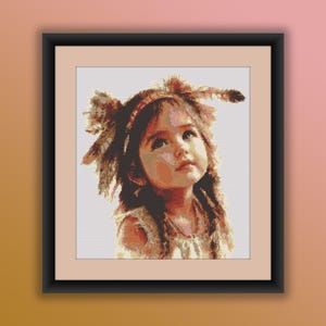May include: A young girl with long brown hair wearing a headdress with feathers looks up with a thoughtful expression.