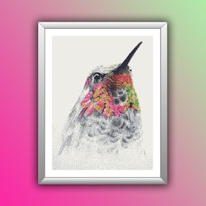 Vibrant Watercolor Hummingbird Cross Stitch Pattern: Nature-Inspired Bird Embroidery PDF Chart