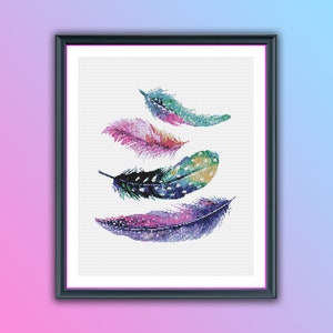 Peut inclure: Une impression encadrée représentant quatre plumes colorées avec un effet aquarelle. Les plumes sont disposées en pile verticale, la plus grande en bas et la plus petite en haut. Les plumes sont peintes dans des tons de rose, violet, bleu et vert.