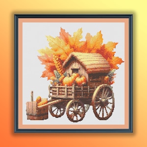 Aquarel vintage herfst western winkelwagen getelde kruissteek pdf-patroon, moderne kruissteekkaart, handborduurwerk