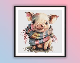 Watercolor Cute Little Pig With Scarf Counted Cross Stitch PDF Pattern, Baby Farm Animals, Baby Shower Hand Embroidery, Modern Cross Stitch