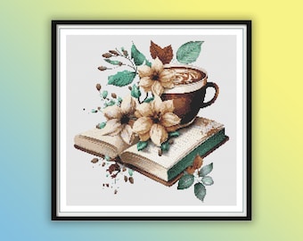 Watercolor Retro Floral Books With Coffee Counted Cross Stitch PDF Pattern, Old Books, Modern Cross Stitch Chart, Hand Embroidery