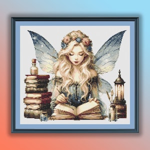 Patrón de punto de cruz en PDF con hada de los libros con acuarela, libros antiguos, gráfico de punto de cruz moderno, bordado a mano