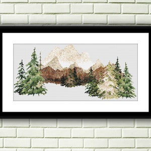 Aquarel bergen landschap pdf getelde kruissteekpatroon, digitale kruissteekkaart, winter bos-pdf, vier seizoenen