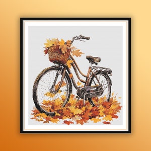 Vintage Herbst Fahrrad Landschaft Kreuzstich Muster - Aquarell Herbstblätter PDF für Handstickerei