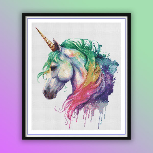 Watercolor Rainbow Unicorn Counted Cross Stitch PDF Pattern, Unicorn Embroidery Pattern, Modern Cross Stitch, Hand Embroidery