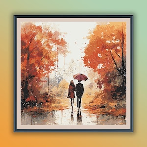 May include: A painting of a couple walking under an umbrella in a woodland setting with autumn leaves. The couple are silhouetted against a bright, white background.