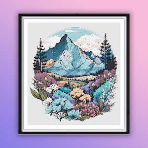 Aquarel lente bergen landschap getelde kruissteek pdf-patroon, bloesem lente, moderne kruissteekkaart, handborduurwerk