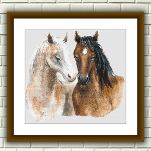 Schöne Pferde Aquarell gezählt PDF Kreuzstichmuster, Tiere auf dem Bauernhof Kreuzstichmuster, Instant Download PDF Kreuzstichvorlage