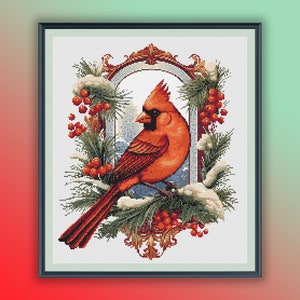 Patrón de punto de cruz contado en PDF de cardenal navideño con acuarela, pájaros navideños, bosque invernal, bordado a mano, punto de cruz moderno