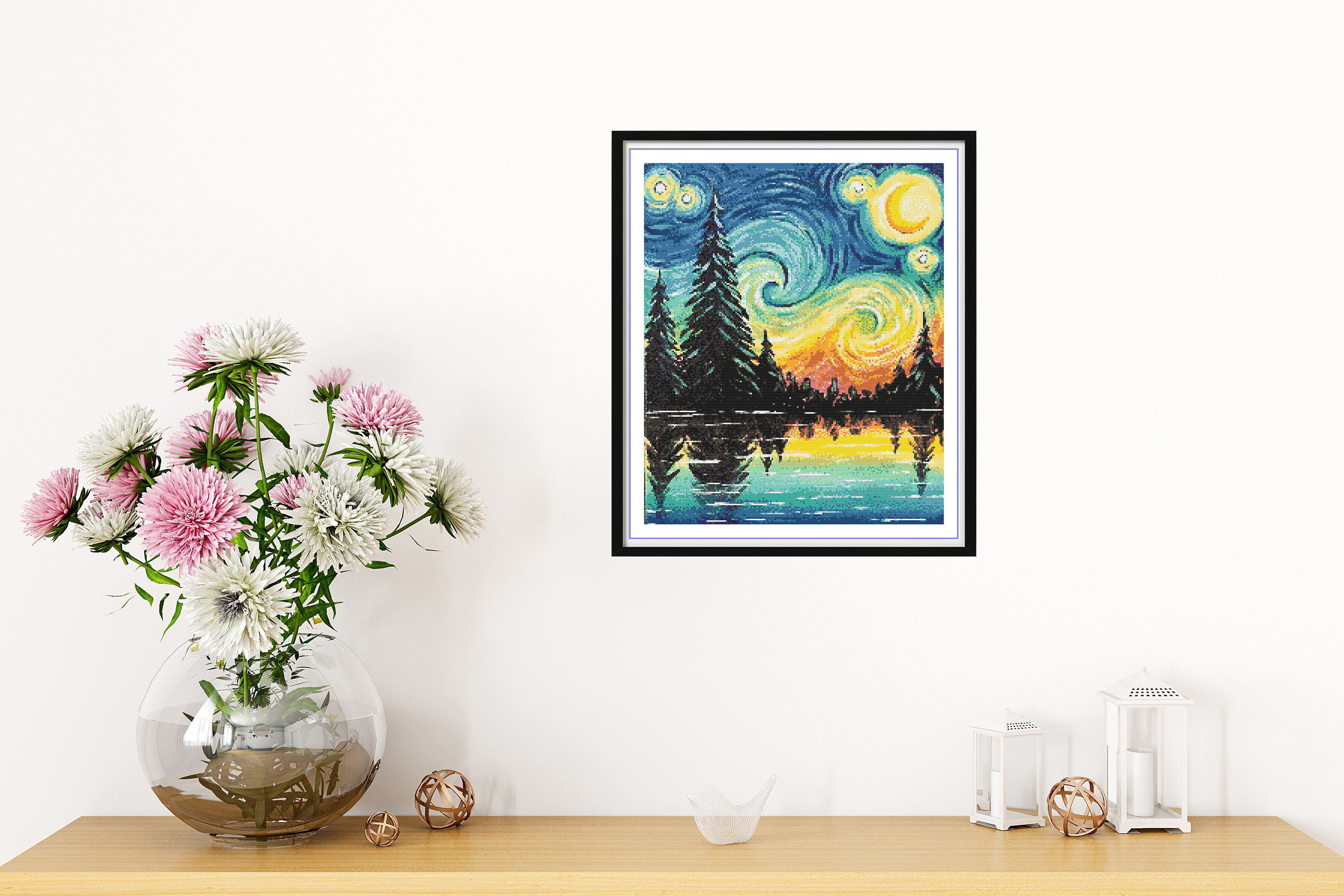 水彩画「星空の夜」森の湖クロスステッチパターン：ゴッホ風風景画 PDF