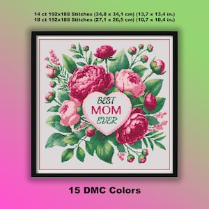 Pode incluir: Design floral em ponto cruz com peónias cor-de-rosa e folhas verdes, com um texto em forma de coração que diz "Best Mom Ever". A obra de arte emoldurada mede 34,8 x 34,1 cm e 27,1 x 26,5 cm.