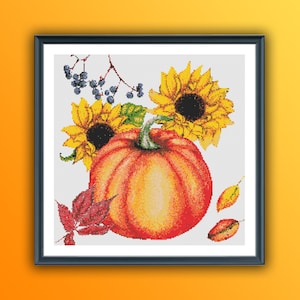 Patrón de punto de cruz contado en PDF de girasoles y calabazas otoñales, Hola otoño, punto de cruz de cosecha, gráfico de bordado a mano, bordado con aguja