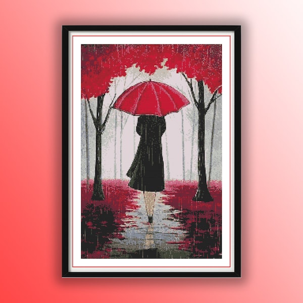 Lady With Red Umbrella Counted Cross Stitch PDF Pattern, Rainy Autumn Day, Autumn Forest Trees, Hand Embroidery, Needlepoint