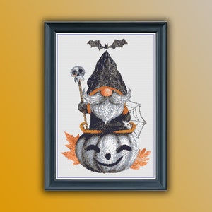 Autumn Pumpkin Gnome Halloween Cross Stitch Pattern - Watercolor PDF for Counted Embroidery