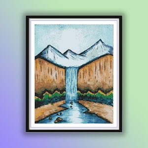 Watercolor Waterfall Landscape Cross Stitch Pattern: National Park (PDF Pattern)