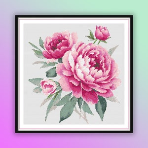 Watercolor Blooming Pink Peony Flowers Counted Cross Stitch PDF Pattern, Bouquet Cross Stitch, Flower Arrangement, Hand Embroidery