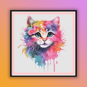 Whimsical Watercolor Cat Portrait Cross Stitch Pattern - Instant PDF Download for Modern Embroidery