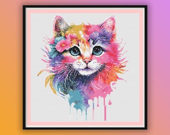 Patrón de punto de cruz con retrato de gato en acuarela - Descarga instantánea en PDF para bordado moderno