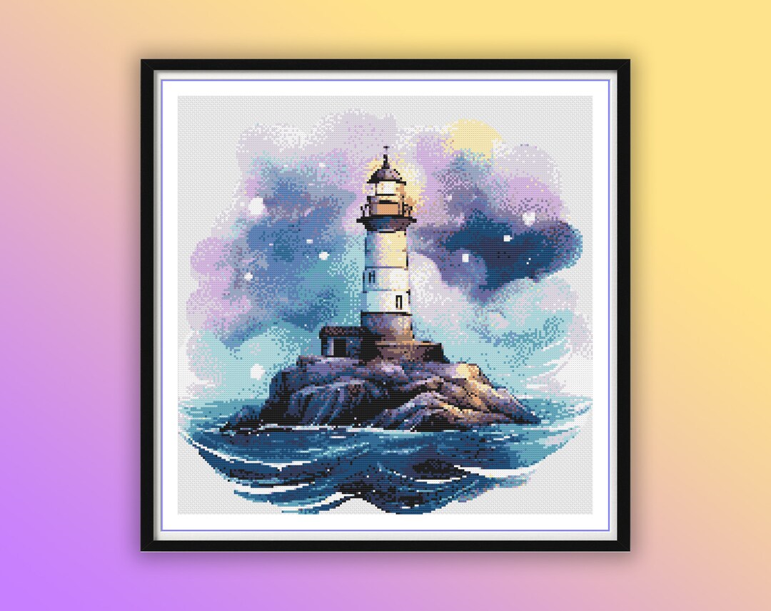 Modern Watercolor Lighthouse Seascape Cross Stitch Pattern - Digital ...