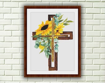 Patrón de punto de cruz de girasol religioso: bordado floral con la Virgen María y Jesús (descarga en PDF)