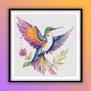 Patrón de punto de cruz contado en PDF de colibrí con flores de acuarela, pájaros del mundo natural, gráfico de punto de cruz moderno, bordado a mano