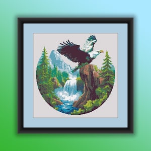 Aquarel bos waterval getelde kruissteek pdf-patroon, regenwoudlandschap, jager adelaar, moderne kruissteekkaart, handborduurwerk