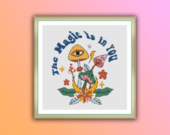 Patrón de punto de cruz de setas mágicas motivacionales: descarga del PDF de hongos coloridos del bosque