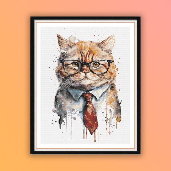 Watercolor Business Cat Counted Cross Stitch PDF Pattern, Clever Cat, Modern Cross Stitch, Cute Funny Cats, Hand Embroidery